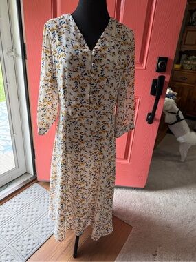 White Floral Midi Dress with Yellow & Blue Spring print. Evelyn